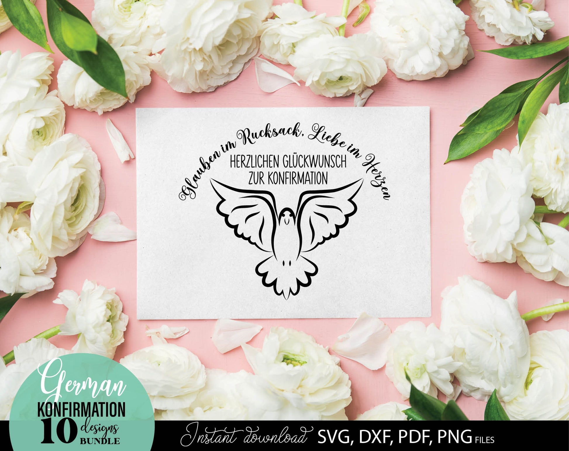German Konfirmation Plotter File Bundle. SVG DXF PDF PNG files included. Compatible with Cricut, Silhouette, sublimation printers and other equipment. Cut from vinyl, use for sublimation or laser cut or grave projects. Buy now for a good price!