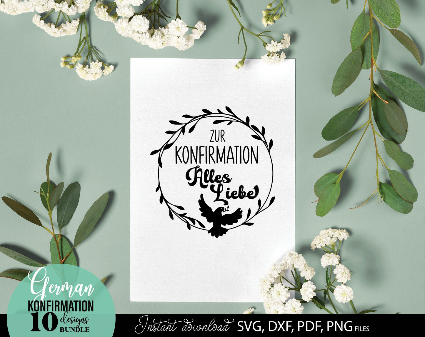 German Konfirmation Plotter File Bundle. SVG DXF PDF PNG files included. Compatible with Cricut, Silhouette, sublimation printers and other equipment. Cut from vinyl, use for sublimation or laser cut or grave projects. Buy now for a good price!