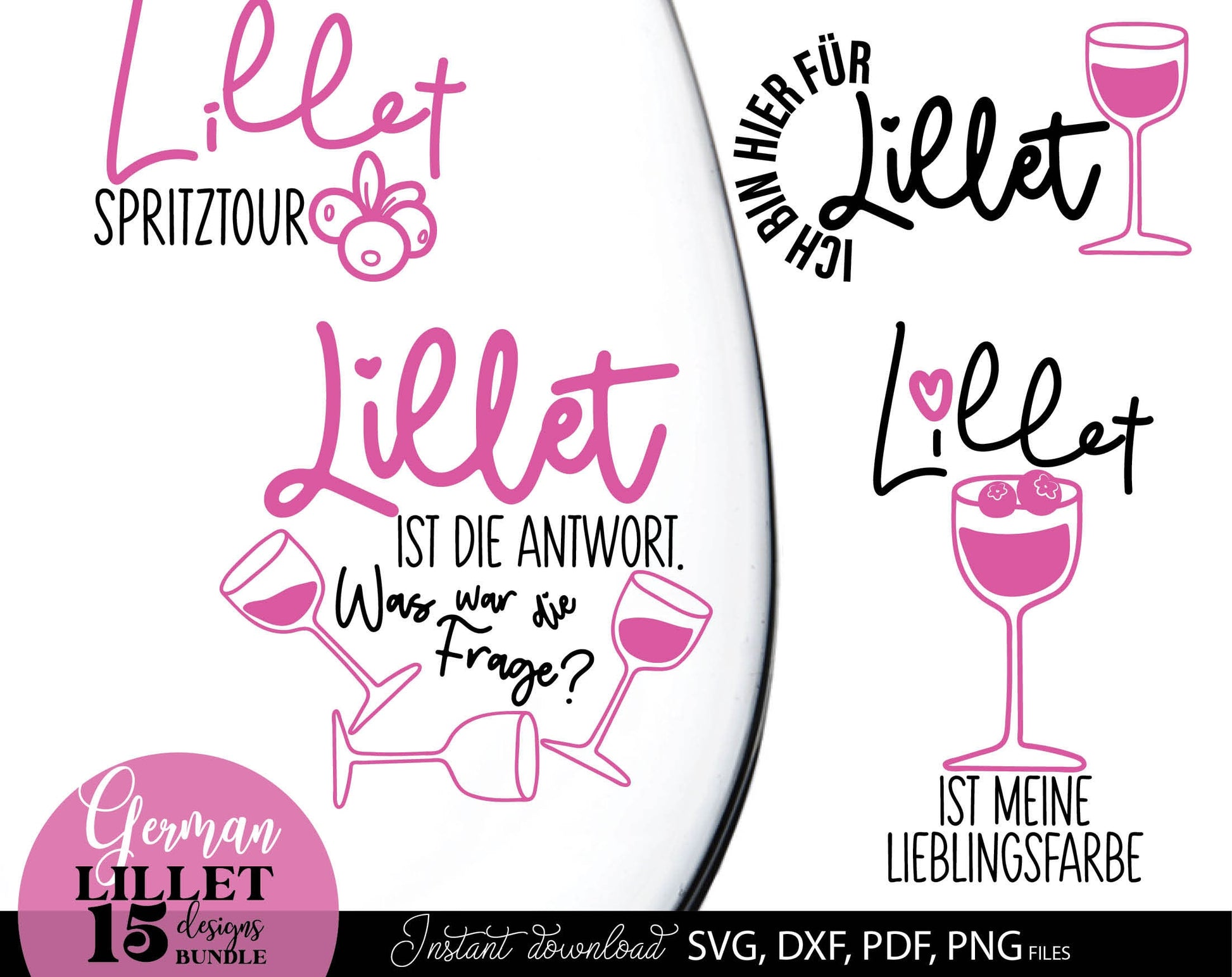 German Lillet bundle Wildberry Lillet Alcohol. SVG DXF PDF PNG files included. Compatible with Cricut, Silhouette, sublimation printers and other equipment. Cut from vinyl, use for sublimation, laser cut or grave projects. Buy now for a good price!