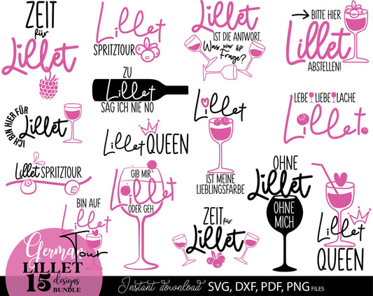 German Lillet bundle Wildberry Lillet Alcohol. SVG DXF PDF PNG files included. Compatible with Cricut, Silhouette, sublimation printers and other equipment. Cut from vinyl, use for sublimation, laser cut or grave projects. Buy now for a good price!