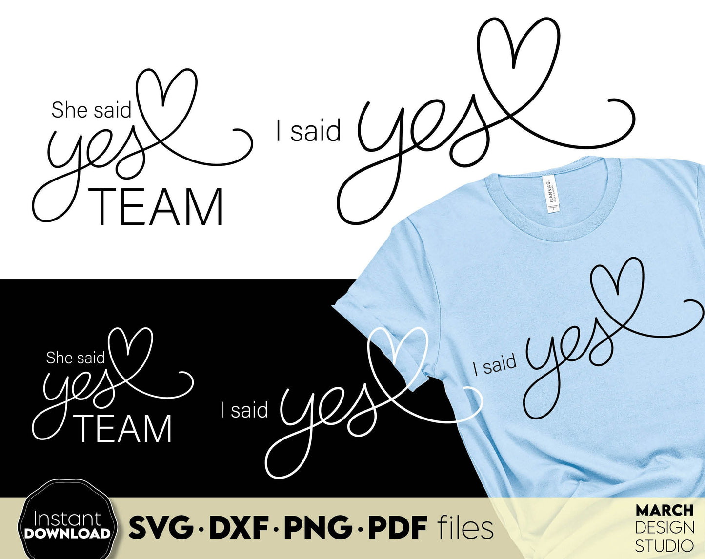 I said Yes and She said Yes TEAM design for wedding gifts. SVG DXF PNG PDF files included. Compatible with Cricut, Silhouette or sublimation printers. Cut from vinyl, use for sublimation or laser cut projects. Buy now for a good price and enjoy