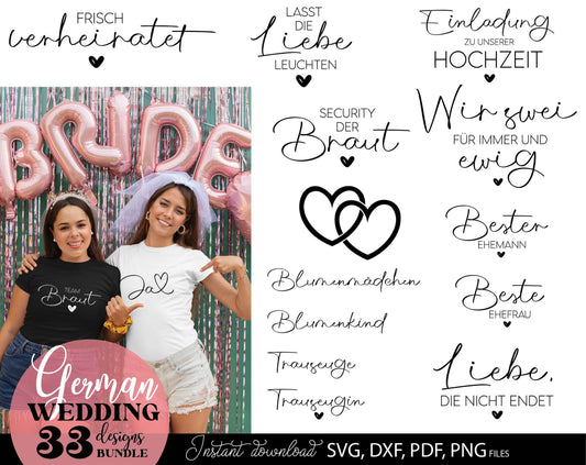 German Hochzeit Plotterdatei designs bundle Svg Png Dxf Pdf files included. Compatible with Cricut, Silhouette, sublimation printers or other equipment. Cut from vinyl, use for sublimation or laser cut or grave projects. Buy now for a good price!