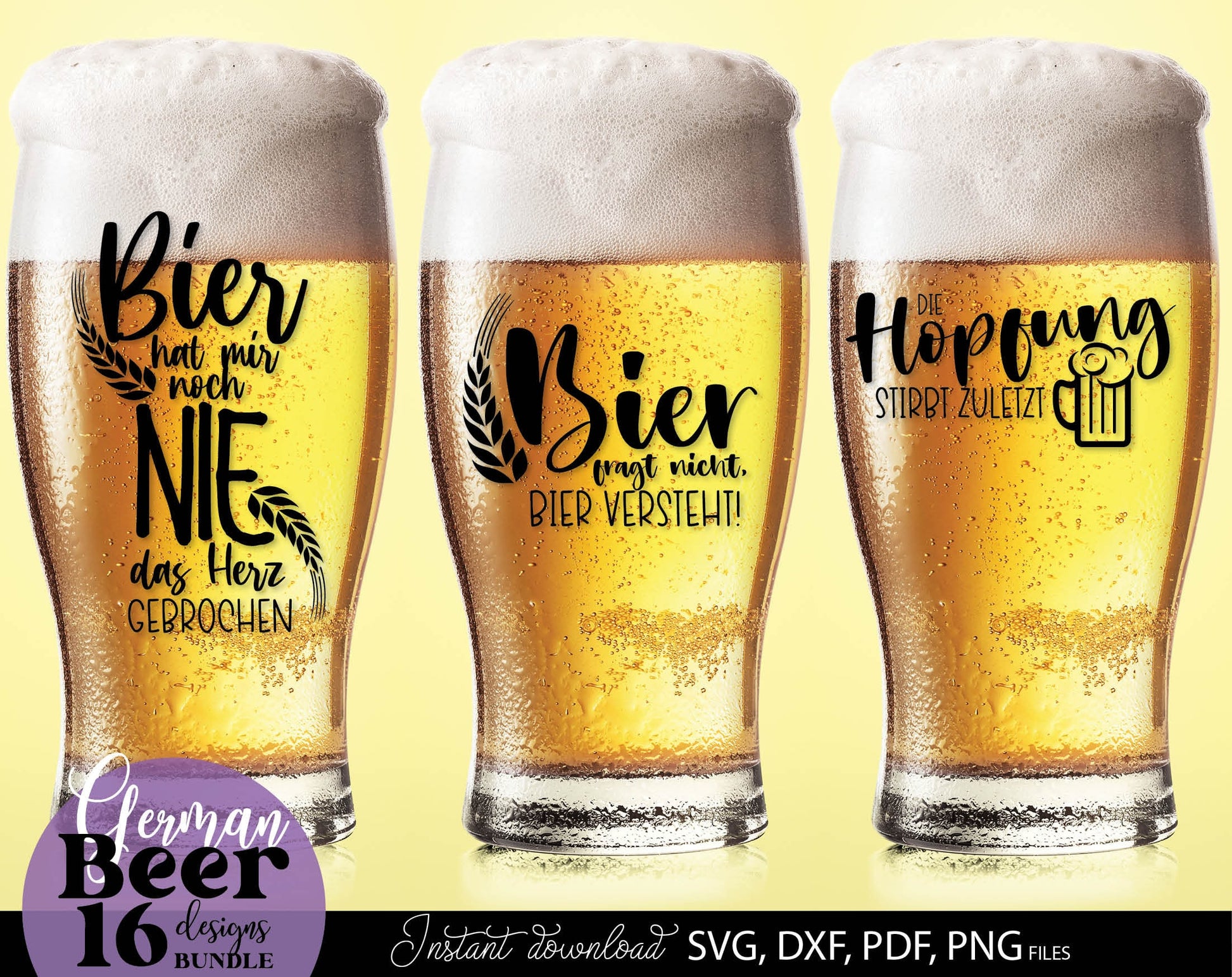 16 German bier lover quotes plotter file bundle. SVG, DXF, PDF, PNG, JPG files included. Cut from vinyl, use for sublimation or laser cut / grave projects. Compatible with Cricut, Silhouette or other equipment. Buy now for a good price and enjoy!