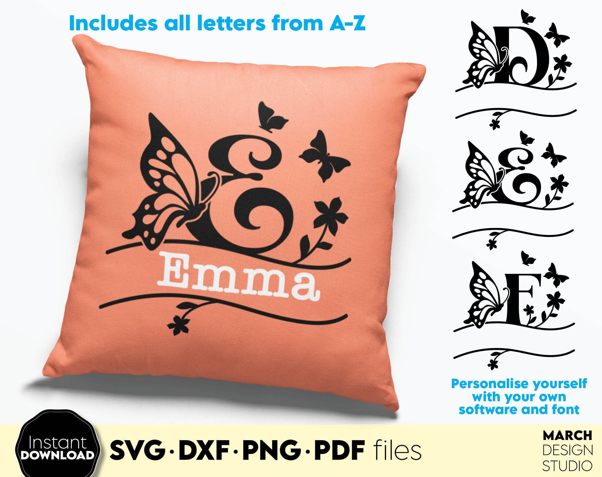 Butterfly Split Monogram Alphabet Letter Bundle for Your Birthday, Easter or other custom gift ideas. SVG DXF PNG PDF files included. Compatible with Cricut, Silhouette or other equipment. Cut from vinyl, use for sublimation or laser cut or grave.