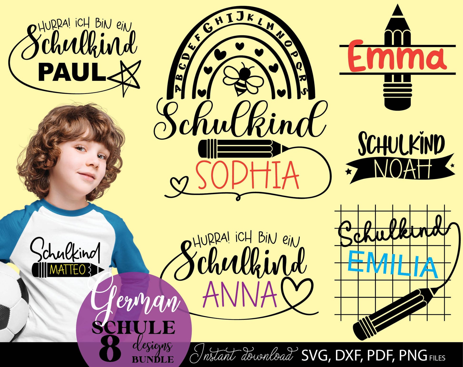 German Schulkind Plotterdatei bundle. SVG DXF PDF JPG PNG files included. Compatible With Cricut, Silhouette Studio, sublimation printers or other equipment. Cut from vinyl, use for sublimation or laser cut or grave projects. Buy now and enjoy!