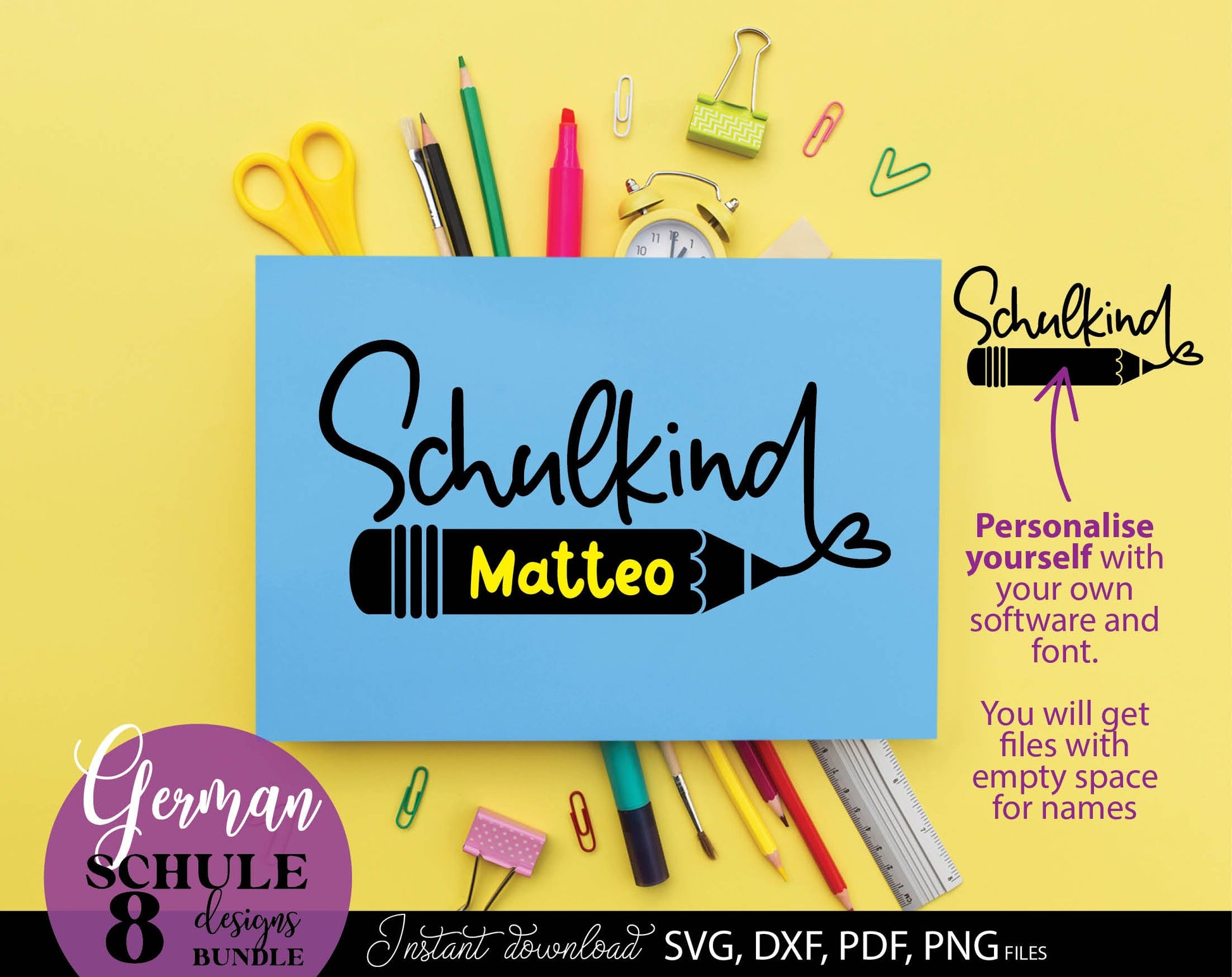 German Schulkind Plotterdatei bundle. SVG DXF PDF JPG PNG files included. Compatible With Cricut, Silhouette Studio, sublimation printers or other equipment. Cut from vinyl, use for sublimation or laser cut or grave projects. Buy now and enjoy!