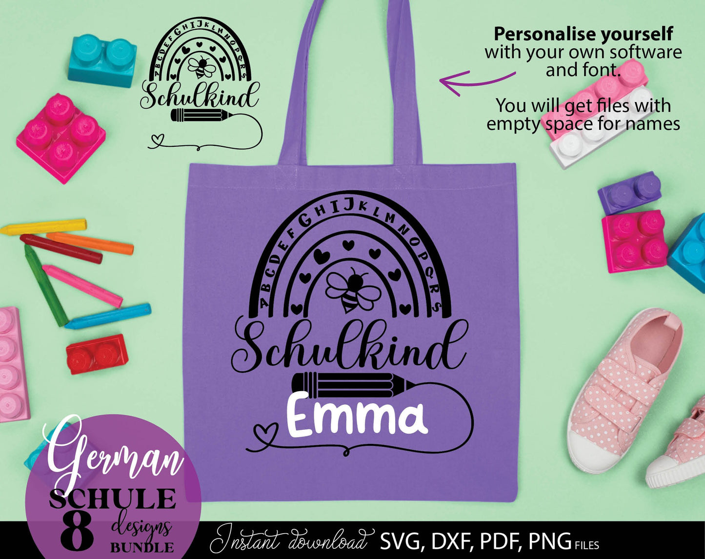 German Schulkind Plotterdatei bundle. SVG DXF PDF JPG PNG files included. Compatible With Cricut, Silhouette Studio, sublimation printers or other equipment. Cut from vinyl, use for sublimation or laser cut or grave projects. Buy now and enjoy!