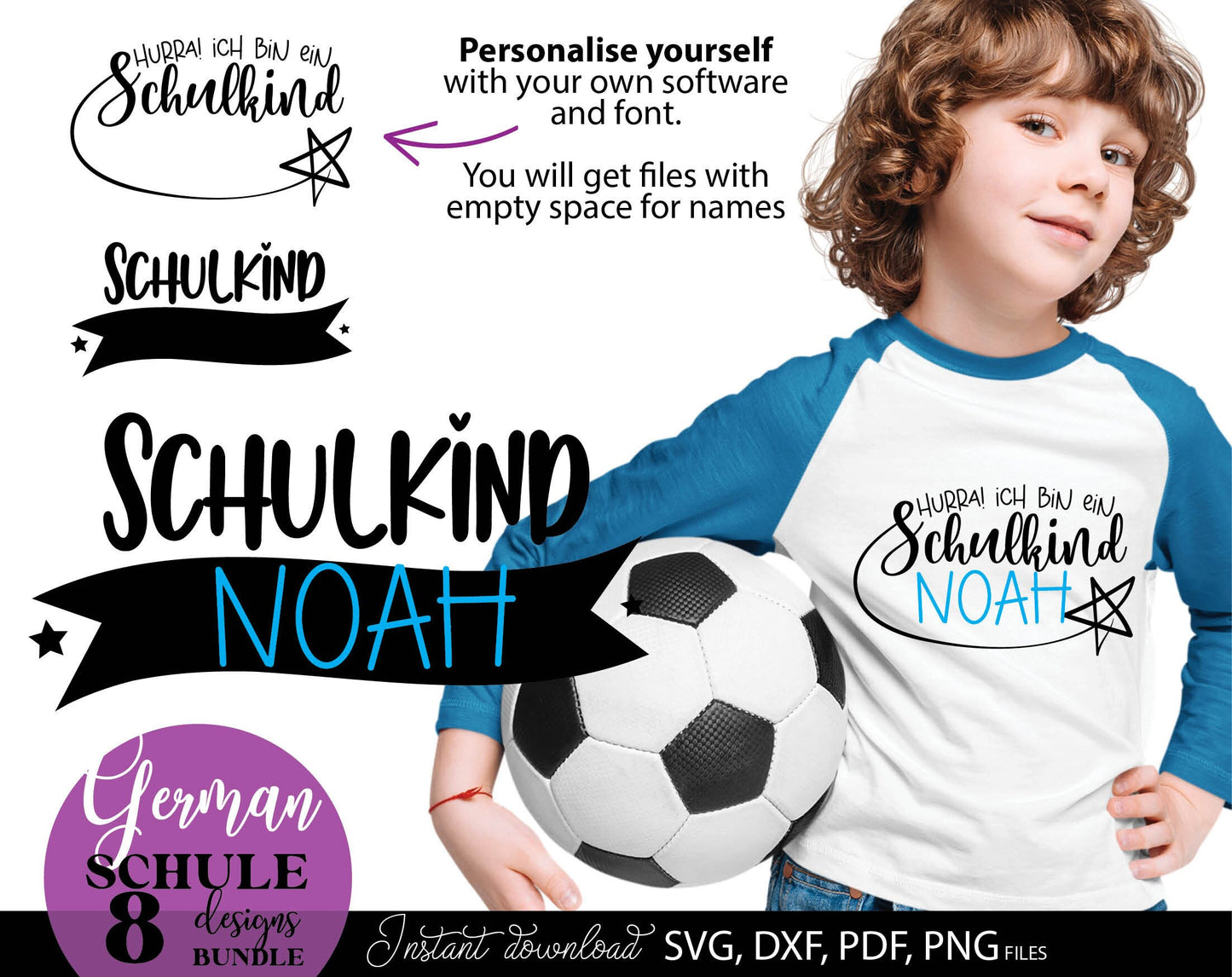 German Schulkind Plotterdatei bundle. SVG DXF PDF JPG PNG files included. Compatible With Cricut, Silhouette Studio, sublimation printers or other equipment. Cut from vinyl, use for sublimation or laser cut or grave projects. Buy now and enjoy!