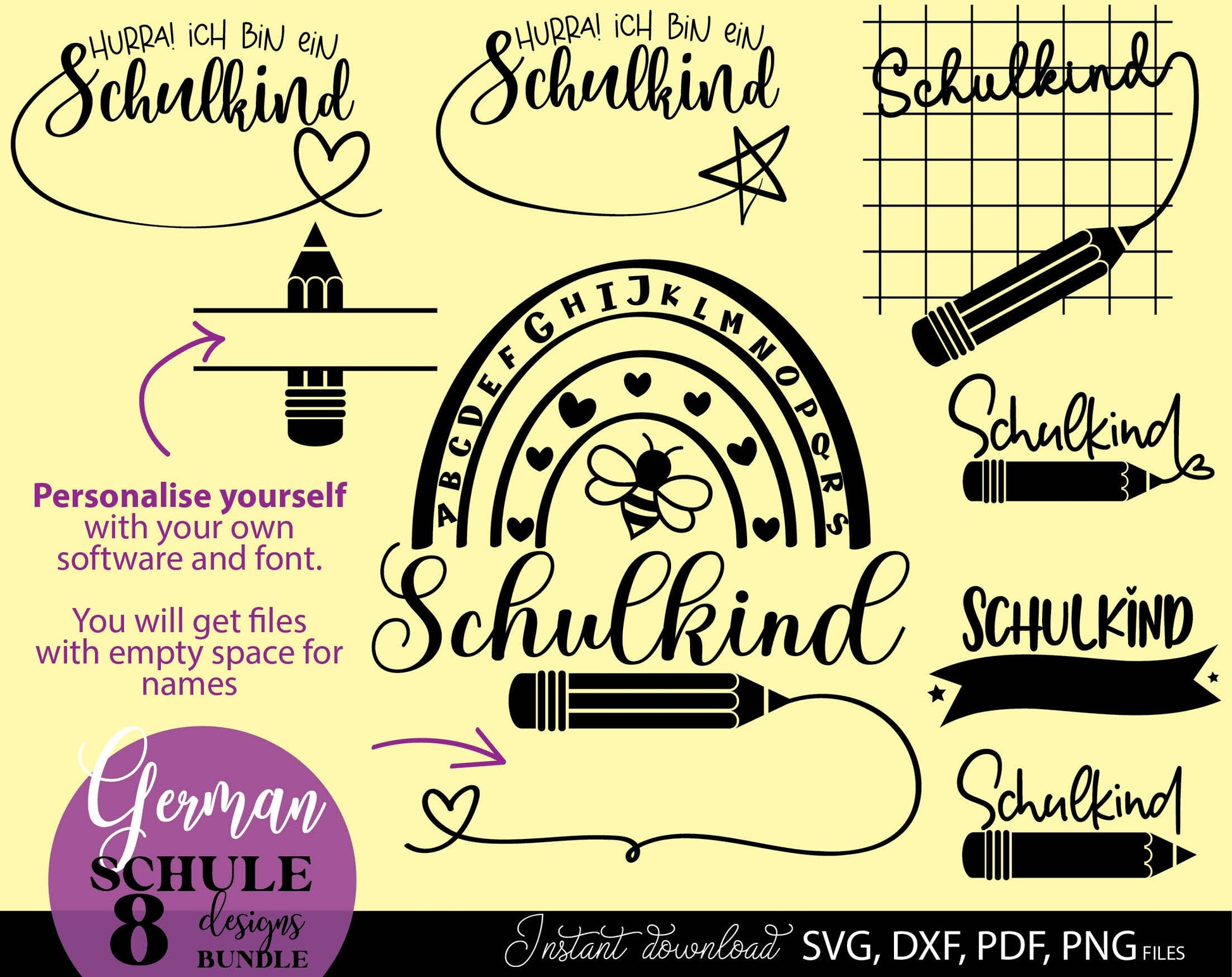 German Schulkind Plotterdatei bundle. SVG DXF PDF JPG PNG files included. Compatible With Cricut, Silhouette Studio, sublimation printers or other equipment. Cut from vinyl, use for sublimation or laser cut or grave projects. Buy now and enjoy!