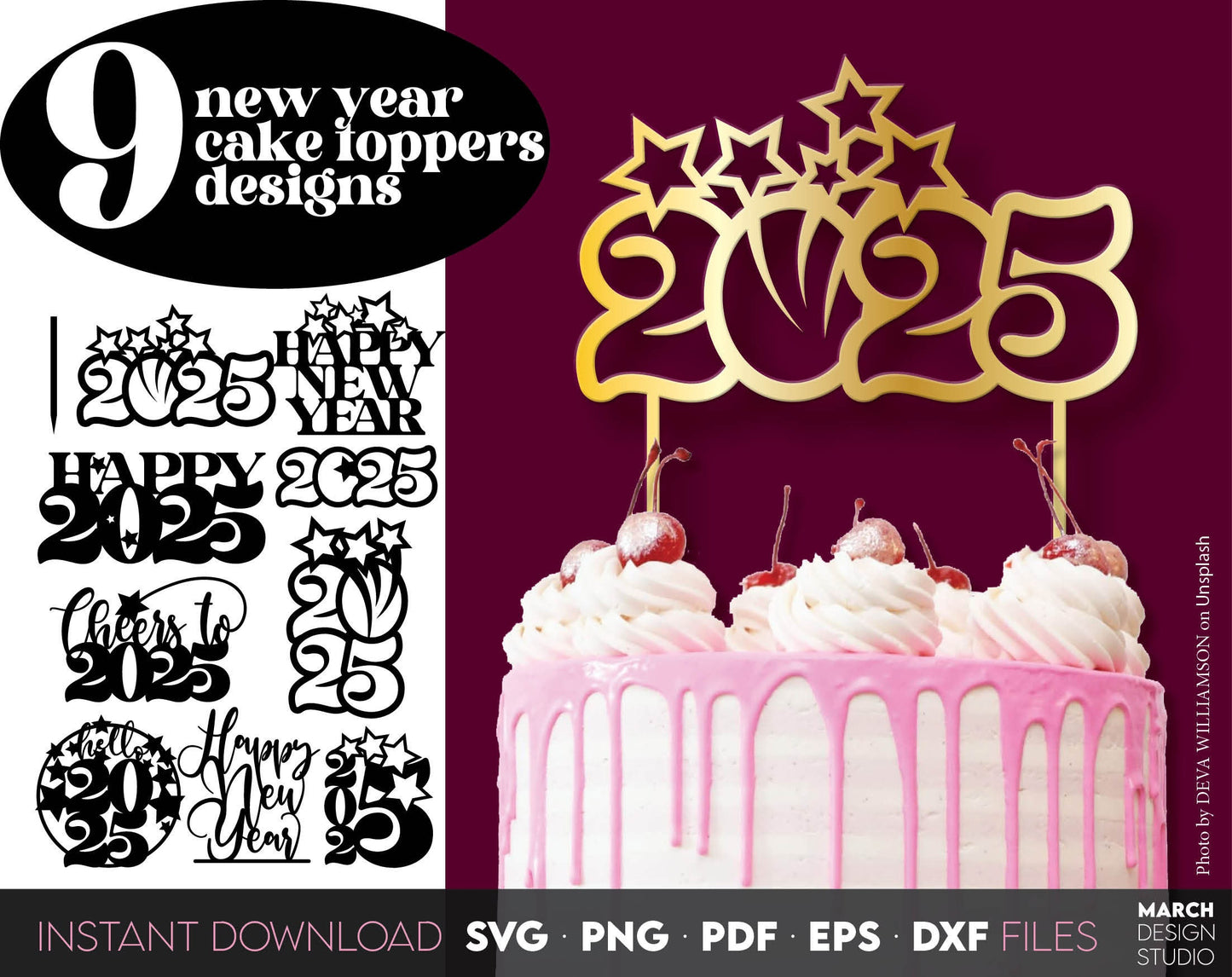 9 new year 2025 cake toppers bundle. SVG PNG PDF EPS DXF files included. Compatible with Cricut, Silhouette or other equipment. Cut from vinyl, use for sublimation or laser cut CNC or laser grave projects. Buy now for a good price and enjoy!