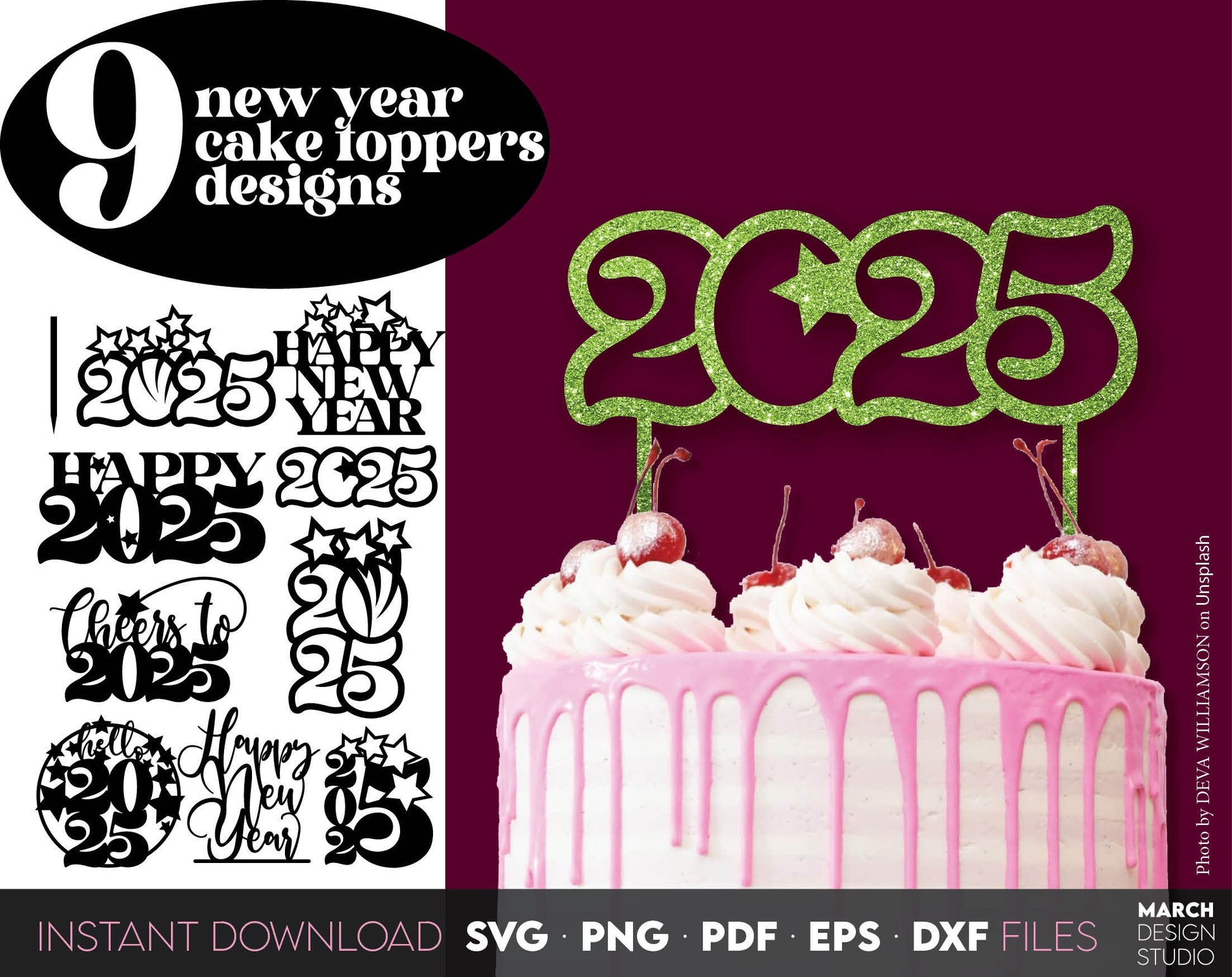 9 new year 2025 cake toppers bundle. SVG PNG PDF EPS DXF files included. Compatible with Cricut, Silhouette or other equipment. Cut from vinyl, use for sublimation or laser cut CNC or laser grave projects. Buy now for a good price and enjoy!