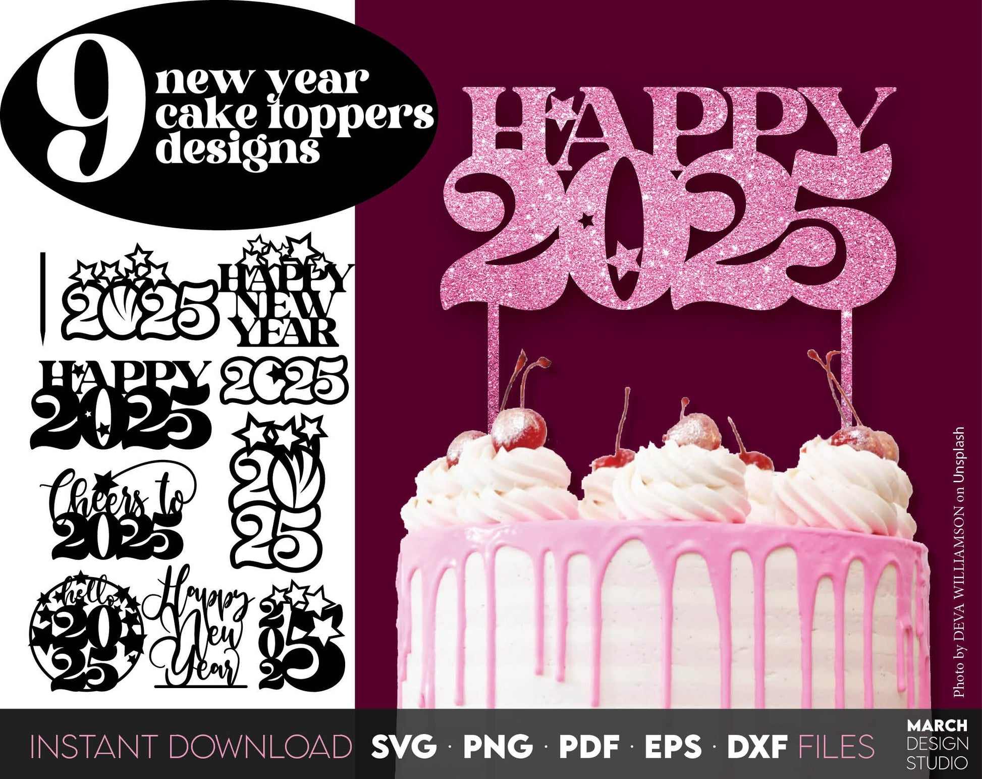 9 new year 2025 cake toppers bundle. SVG PNG PDF EPS DXF files included. Compatible with Cricut, Silhouette or other equipment. Cut from vinyl, use for sublimation or laser cut CNC or laser grave projects. Buy now for a good price and enjoy!