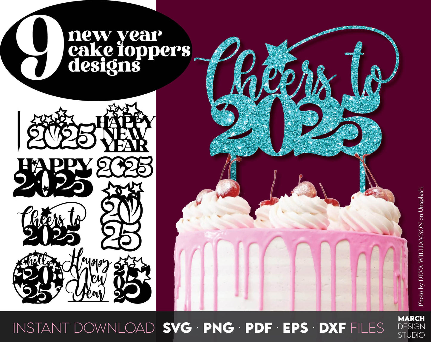 9 new year 2025 cake toppers bundle. SVG PNG PDF EPS DXF files included. Compatible with Cricut, Silhouette or other equipment. Cut from vinyl, use for sublimation or laser cut CNC or laser grave projects. Buy now for a good price and enjoy!