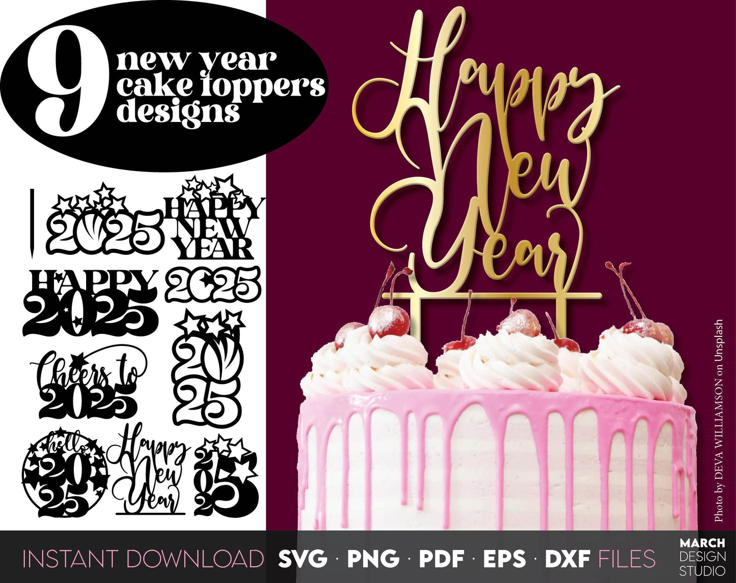 9 new year 2025 cake toppers bundle. SVG PNG PDF EPS DXF files included. Compatible with Cricut, Silhouette or other equipment. Cut from vinyl, use for sublimation or laser cut CNC or laser grave projects. Buy now for a good price and enjoy!