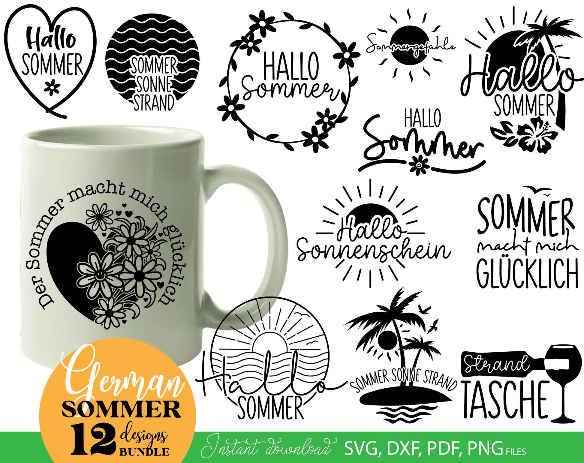 German Sommer Urlaub Plotterdatei Bundle. SVG DXF PDF PNG files included. Compatible with Cricut, Silhouette, sublimation printers or laser cut machines. Cut from vinyl, use for sublimation or laser cut projects. Buy now for a good price, enjoy!