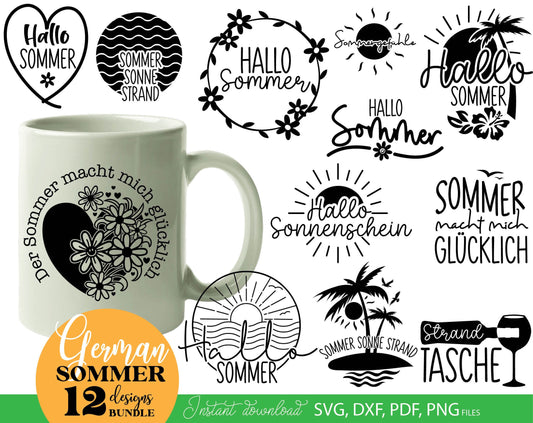 German Sommer Urlaub Plotterdatei Bundle. SVG DXF PDF PNG files included. Compatible with Cricut, Silhouette, sublimation printers or laser cut machines. Cut from vinyl, use for sublimation or laser cut projects. Buy now for a good price, enjoy!