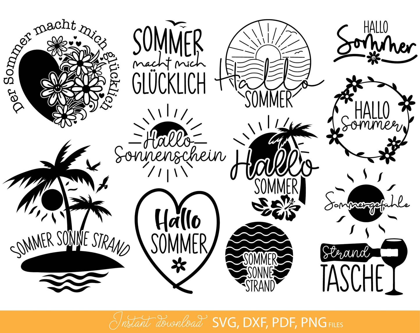 German Sommer Urlaub Plotterdatei Bundle. SVG DXF PDF PNG files included. Compatible with Cricut, Silhouette, sublimation printers or laser cut machines. Cut from vinyl, use for sublimation or laser cut projects. Buy now for a good price, enjoy!