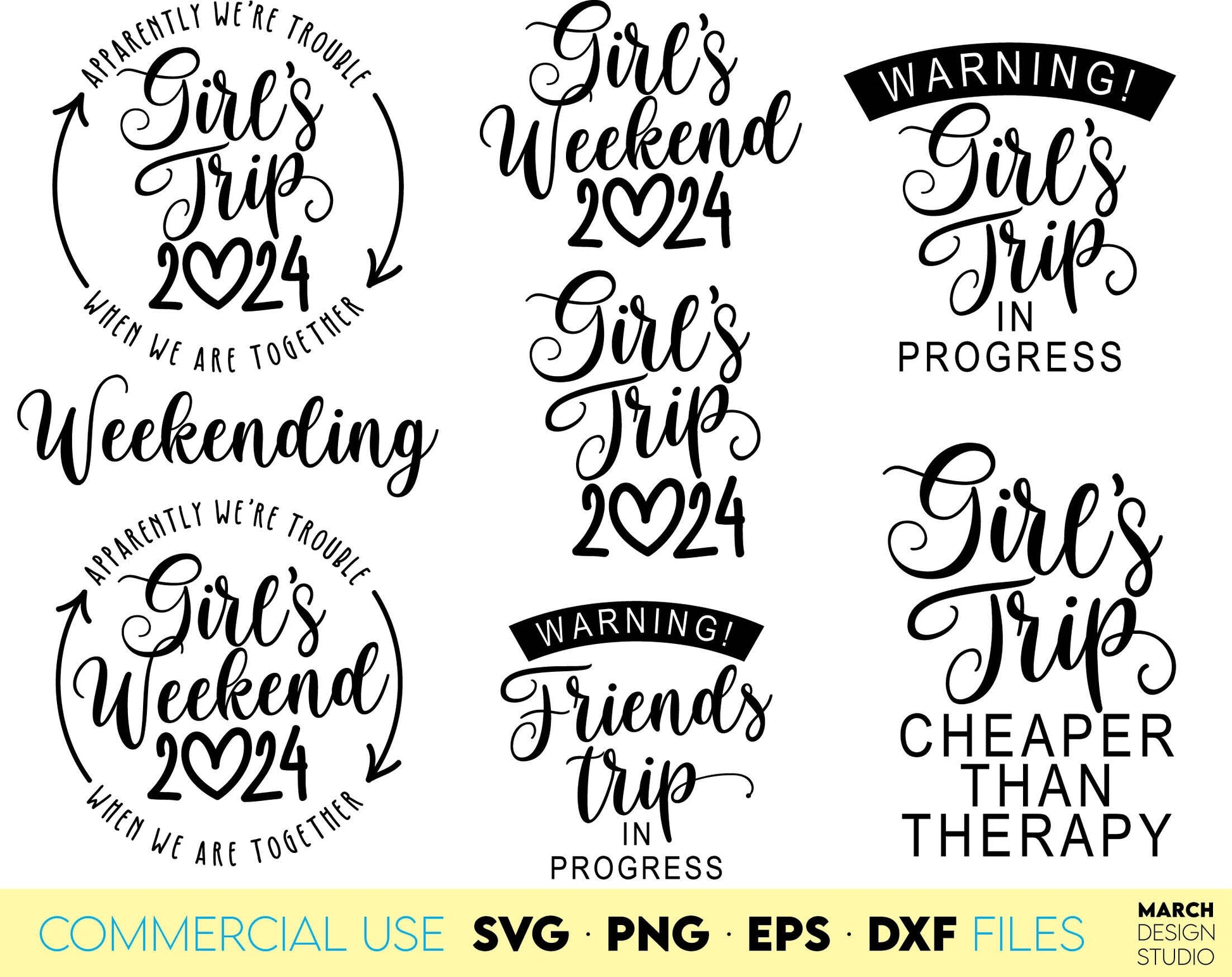 Girls trip, girls weekend or besties matching shirts bundle for girls travel shirts. SVG PNG EPS DXF files included. Compatible with Cricut, Silhouette, sublimation printers or other equipment. Cut from vinyl, use for sublimation or laser cutting.