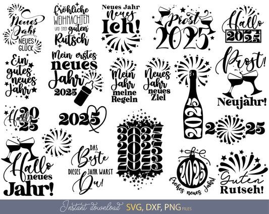 Neues Jahr plotter File SVG, PNG, DXF, Eps | Neues Jahr 2025 svg Bundle | German New Years cut files svg | svg files for Cricut, Silhouette