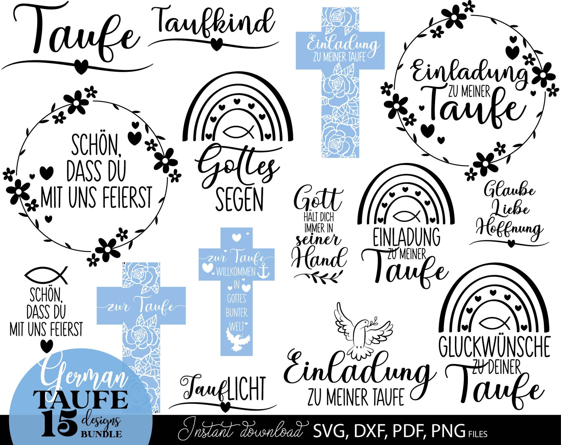 German Taufe designs bundle. SVG DXF PDF PNG files included. Compatible with Cricut, Silhouette, sublimation printers and other equipment. Cut from vinyl, use for sublimation or laser cut or grave projects. Buy now for a good price and enjoy!
