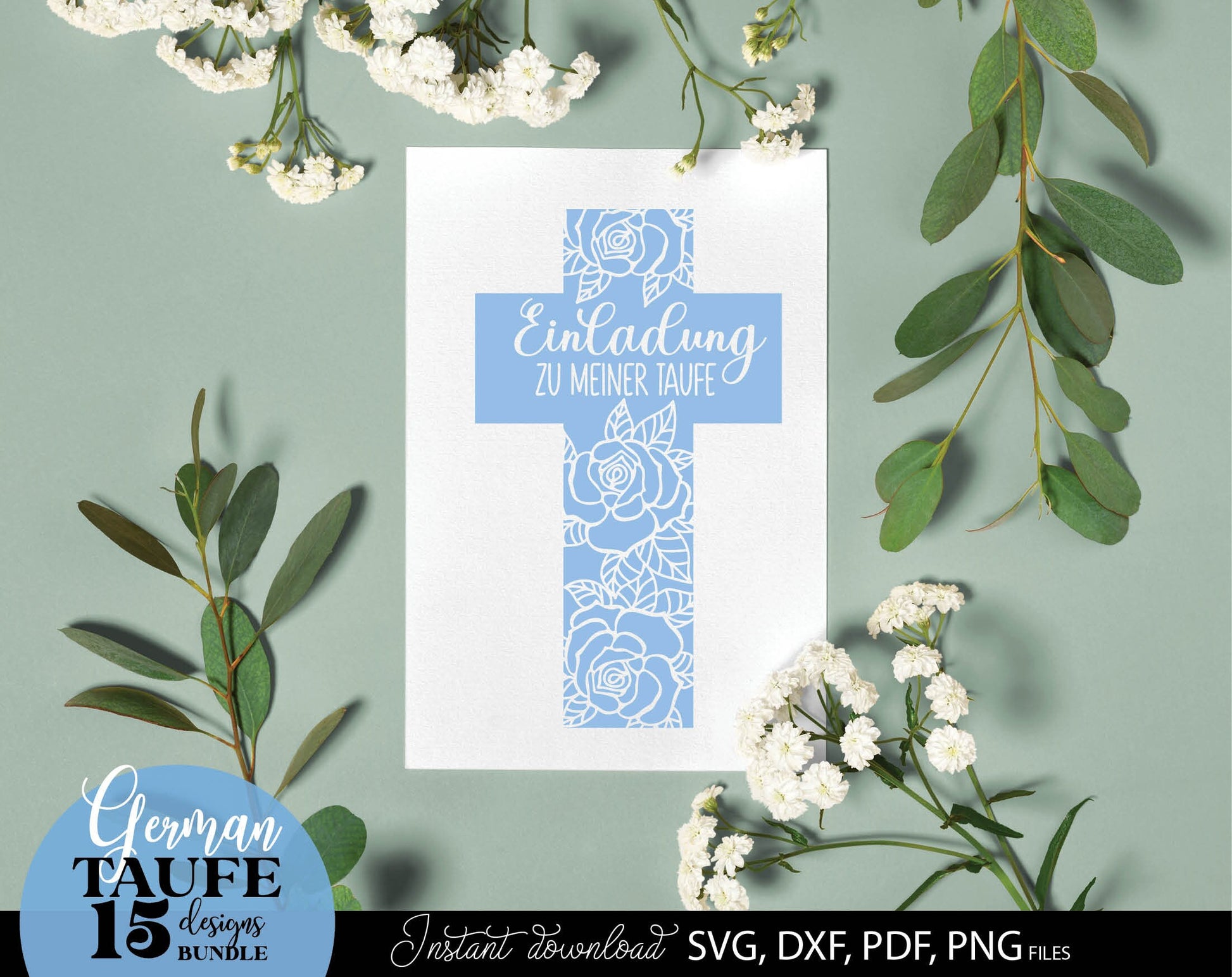 German Taufe designs bundle. SVG DXF PDF PNG files included. Compatible with Cricut, Silhouette, sublimation printers and other equipment. Cut from vinyl, use for sublimation or laser cut or grave projects. Buy now for a good price and enjoy!