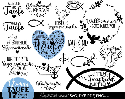 German Taufe designs bundle. SVG DXF PDF PNG files included. Compatible with Cricut, Silhouette, sublimation printers and other equipment. Cut from vinyl, use for sublimation or laser cut or grave projects. Buy now for a good price and enjoy!