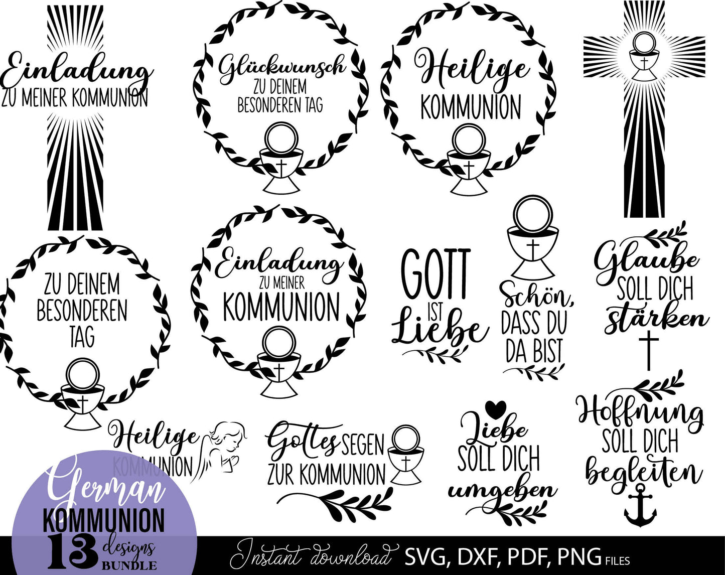 German First Communion Plotter File Bundle. SVG DXF PDF PNG files included. Compatible with Cricut, Silhouette, sublimation printers and other equipment. Cut from vinyl, use for sublimation or laser cut or grave projects. Buy now for a good price!