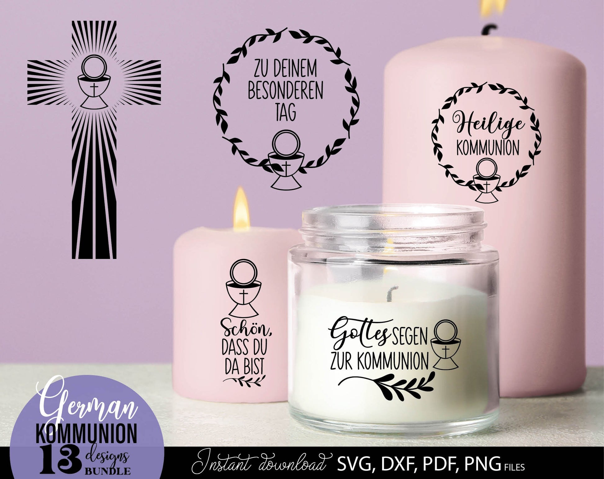 German First Communion Plotter File Bundle. SVG DXF PDF PNG files included. Compatible with Cricut, Silhouette, sublimation printers and other equipment. Cut from vinyl, use for sublimation or laser cut or grave projects. Buy now for a good price!