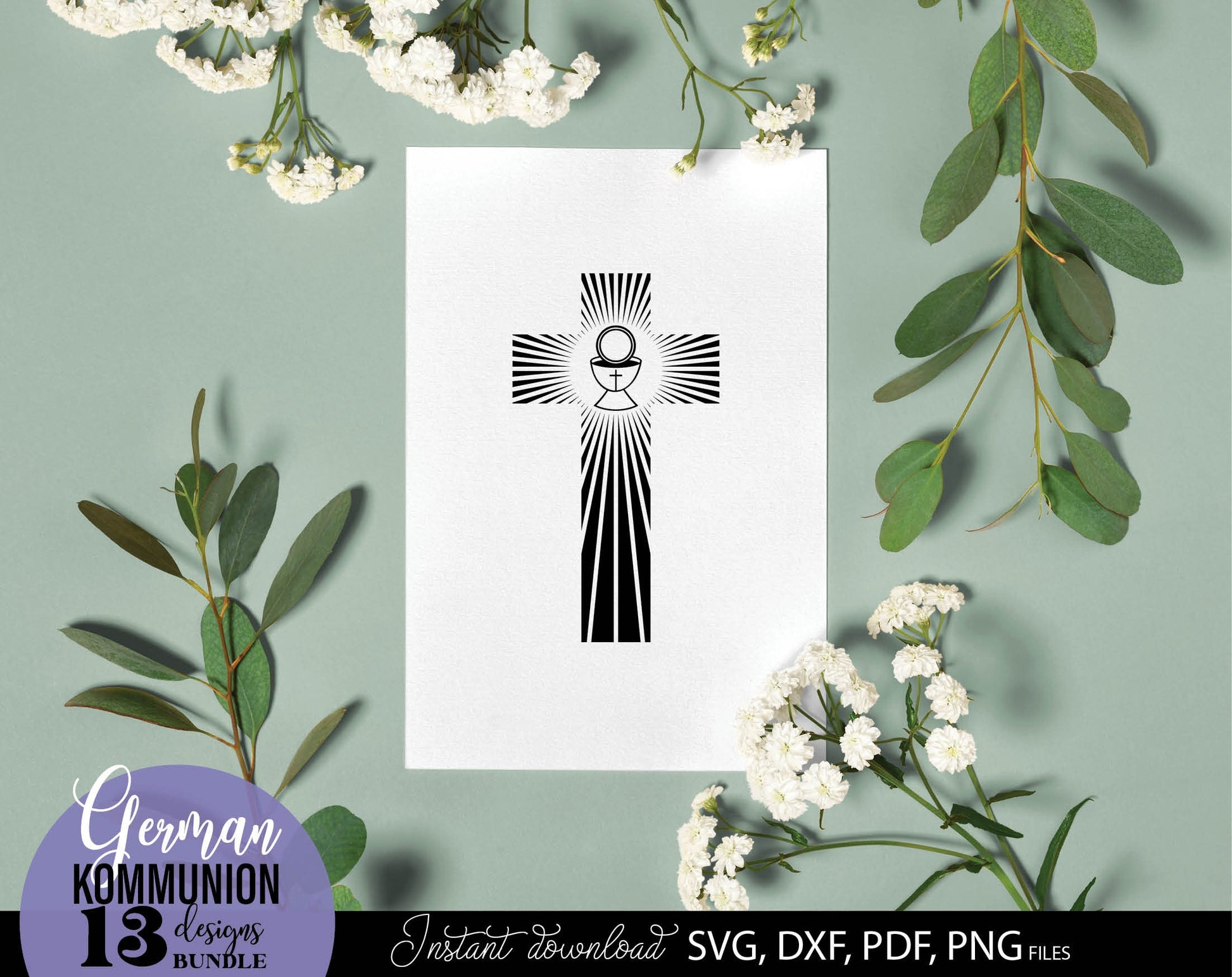 German First Communion Plotter File Bundle. SVG DXF PDF PNG files included. Compatible with Cricut, Silhouette, sublimation printers and other equipment. Cut from vinyl, use for sublimation or laser cut or grave projects. Buy now for a good price!