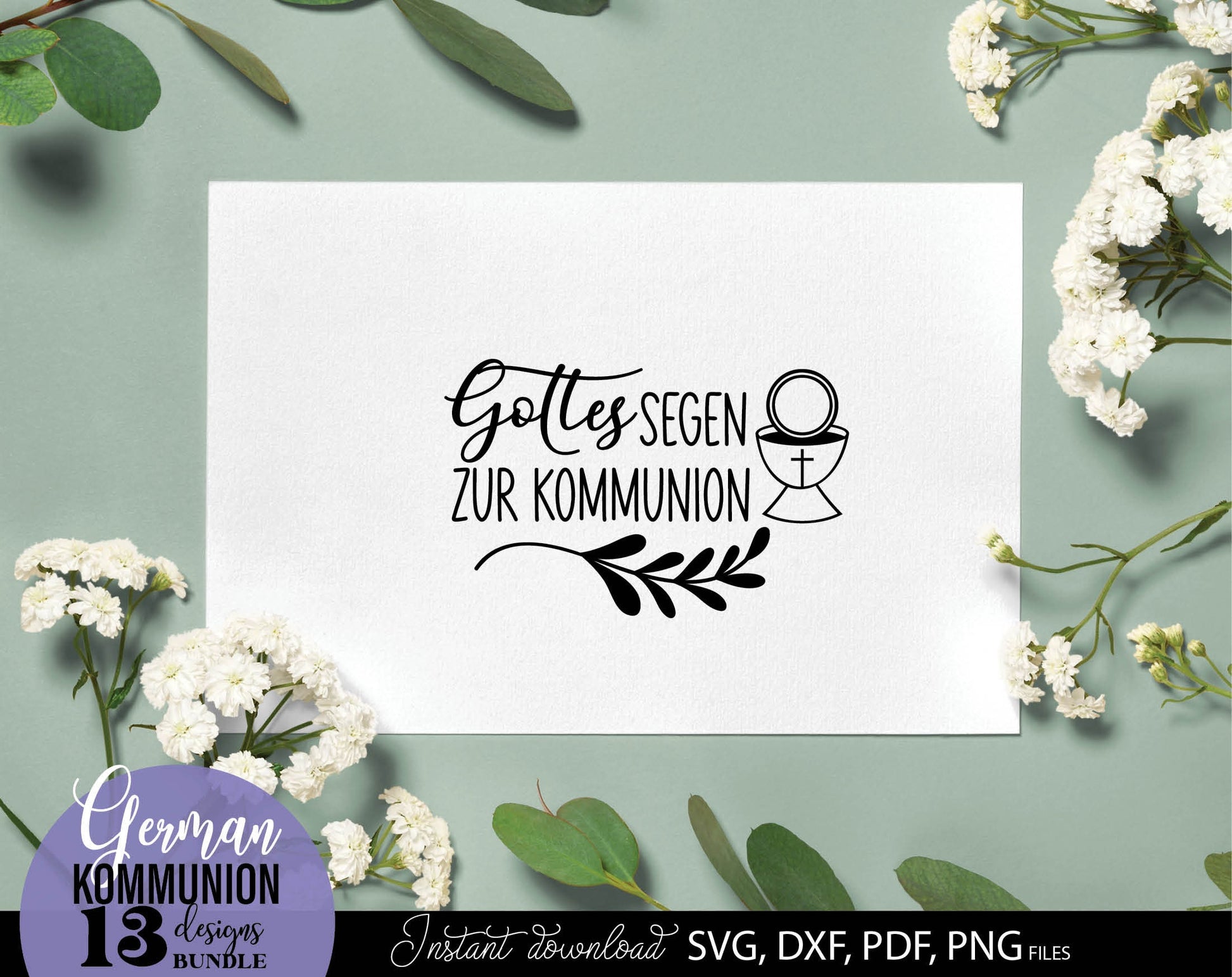 German First Communion Plotter File Bundle. SVG DXF PDF PNG files included. Compatible with Cricut, Silhouette, sublimation printers and other equipment. Cut from vinyl, use for sublimation or laser cut or grave projects. Buy now for a good price!