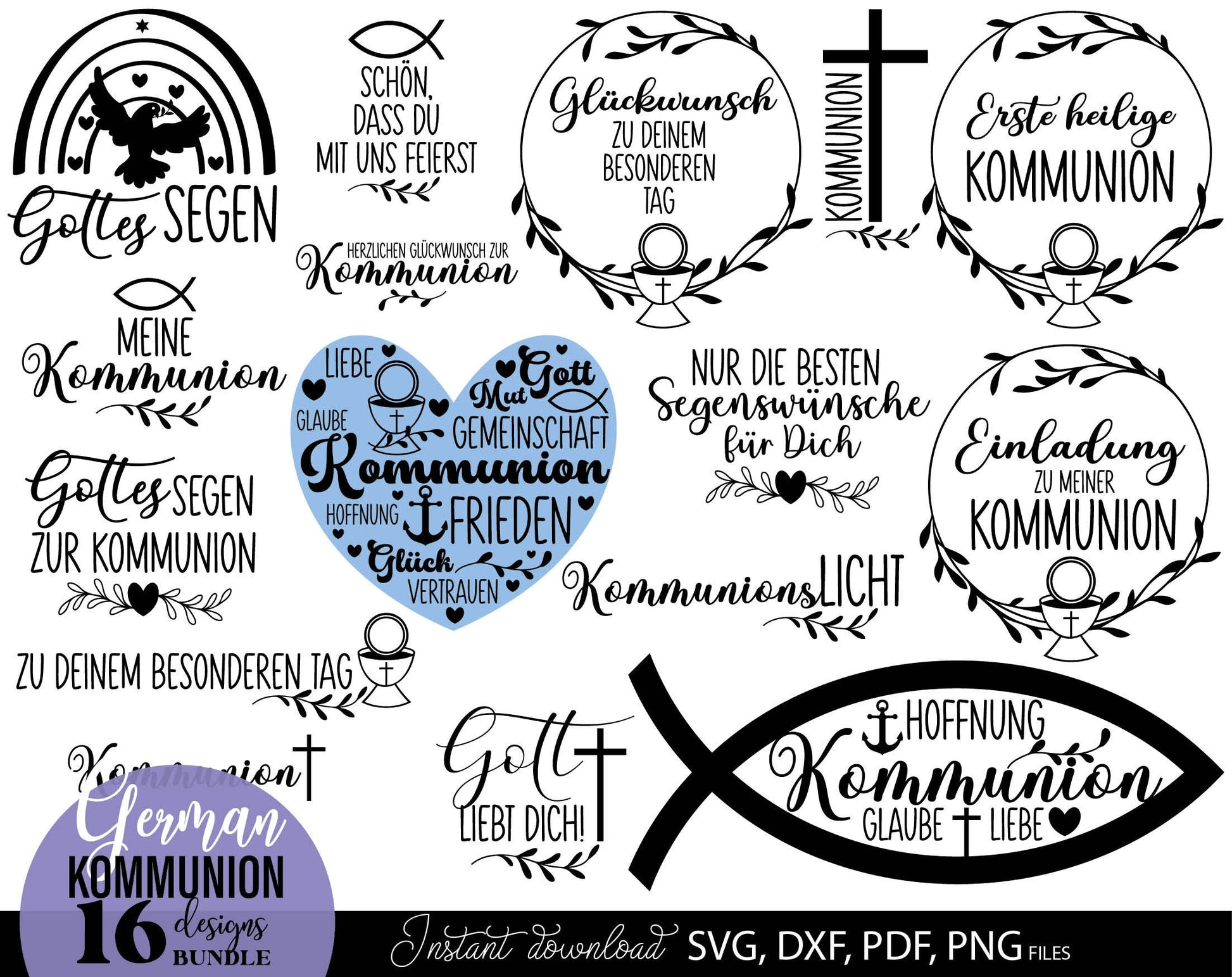 German First Communion Plotter File Bundle. SVG DXF PDF PNG files included. Compatible with Cricut, Silhouette, sublimation printers and other equipment. Cut from vinyl, use for sublimation or laser cut or grave projects. Buy now for a good price!