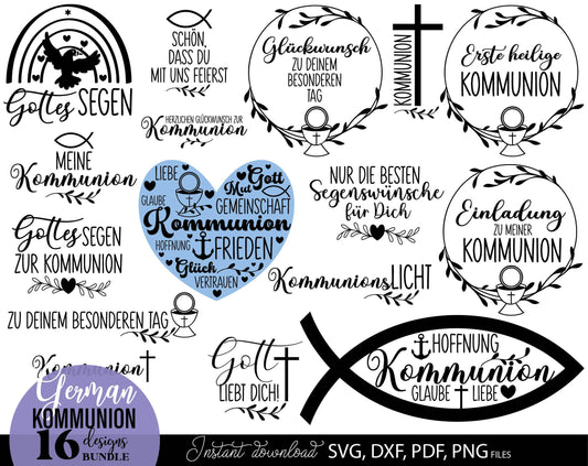 German First Communion Plotter File Bundle. SVG DXF PDF PNG files included. Compatible with Cricut, Silhouette, sublimation printers and other equipment. Cut from vinyl, use for sublimation or laser cut or grave projects. Buy now for a good price!