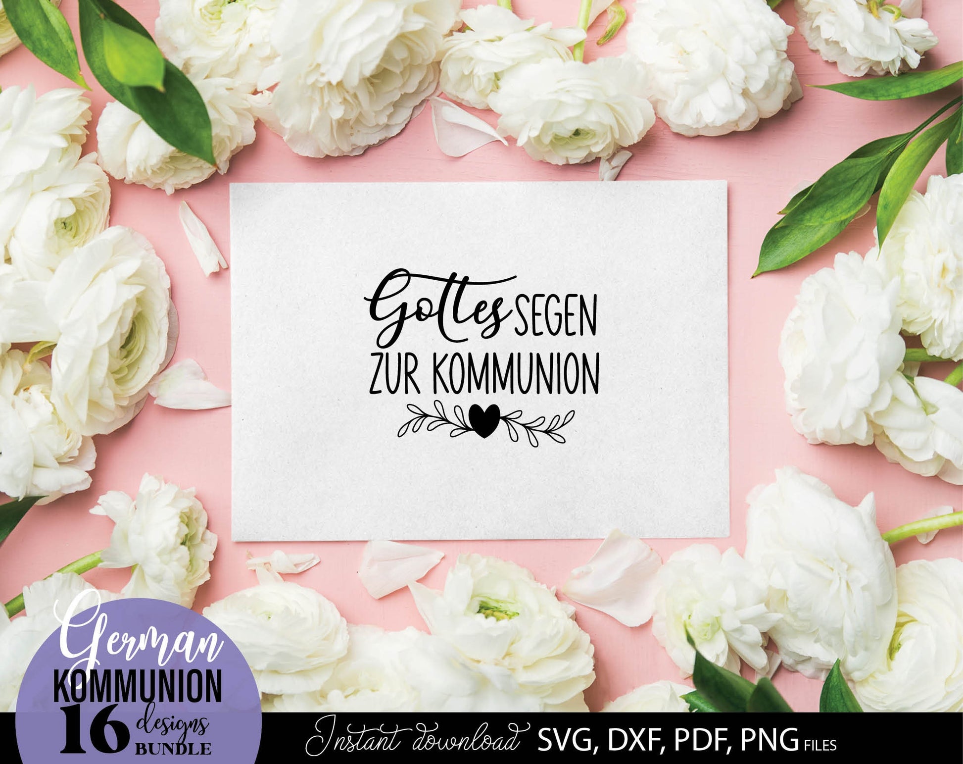 German First Communion Plotter File Bundle. SVG DXF PDF PNG files included. Compatible with Cricut, Silhouette, sublimation printers and other equipment. Cut from vinyl, use for sublimation or laser cut or grave projects. Buy now for a good price!