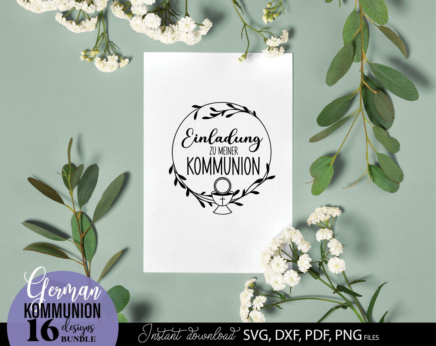 German First Communion Plotter File Bundle. SVG DXF PDF PNG files included. Compatible with Cricut, Silhouette, sublimation printers and other equipment. Cut from vinyl, use for sublimation or laser cut or grave projects. Buy now for a good price!