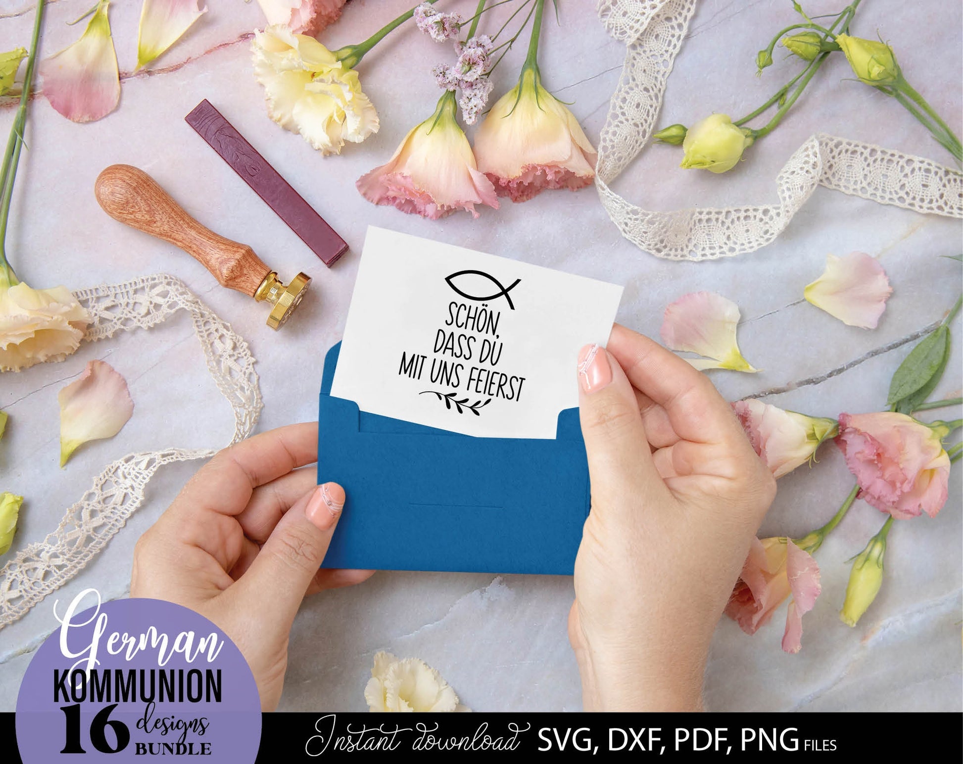 German First Communion Plotter File Bundle. SVG DXF PDF PNG files included. Compatible with Cricut, Silhouette, sublimation printers and other equipment. Cut from vinyl, use for sublimation or laser cut or grave projects. Buy now for a good price!