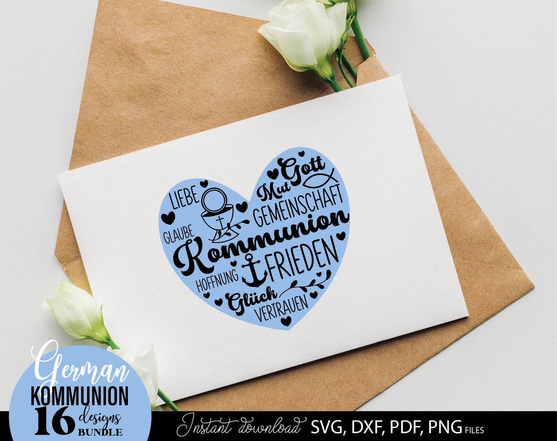 German First Communion Plotter File Bundle. SVG DXF PDF PNG files included. Compatible with Cricut, Silhouette, sublimation printers and other equipment. Cut from vinyl, use for sublimation or laser cut or grave projects. Buy now for a good price!