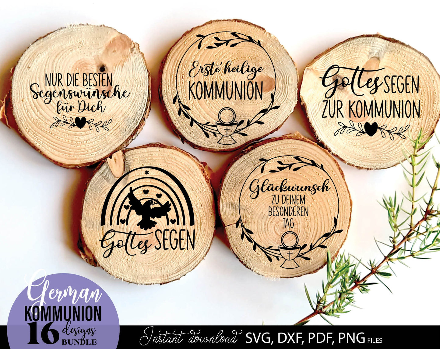 German First Communion Plotter File Bundle. SVG DXF PDF PNG files included. Compatible with Cricut, Silhouette, sublimation printers and other equipment. Cut from vinyl, use for sublimation or laser cut or grave projects. Buy now for a good price!