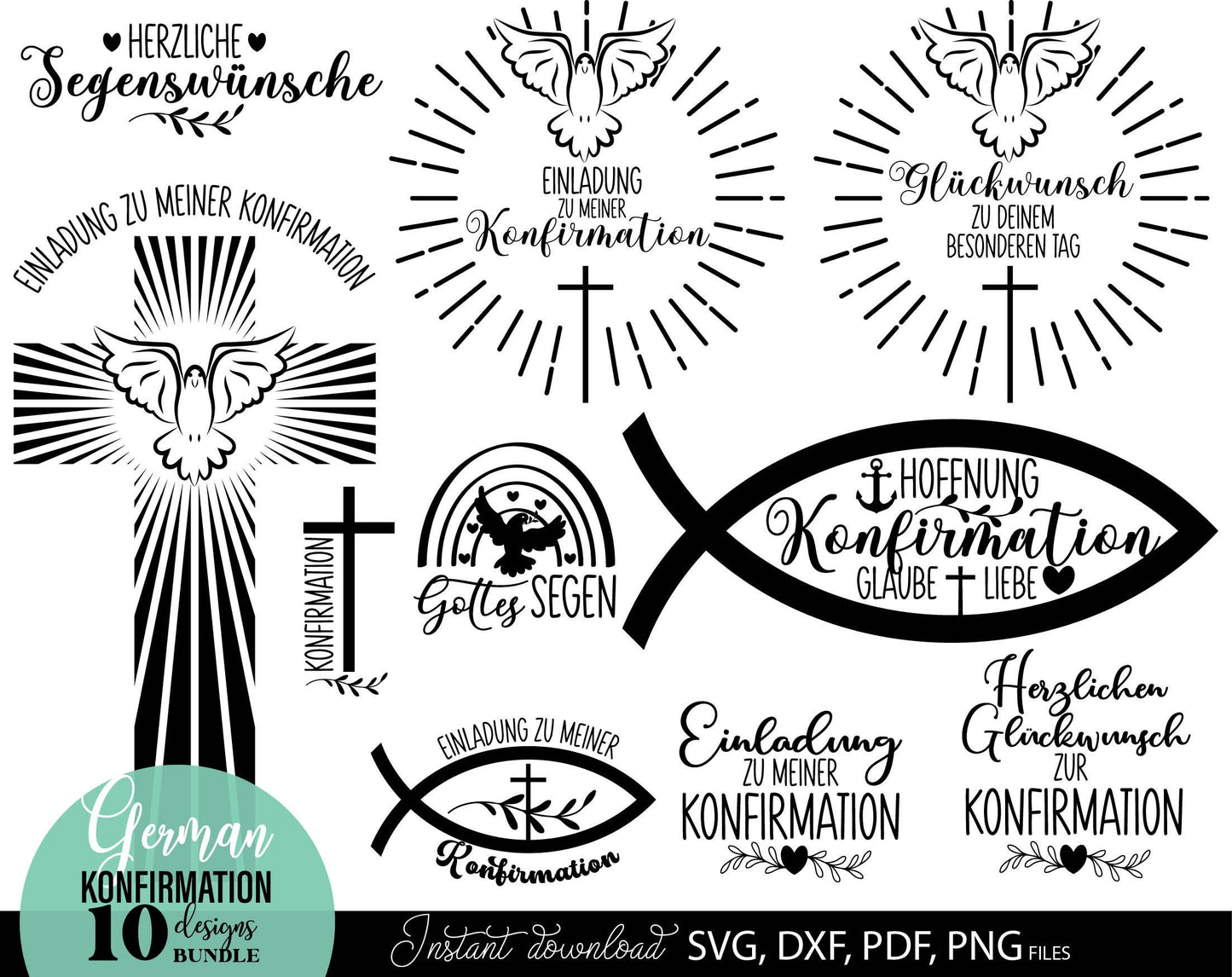 German Konfirmation Plotter File Bundle. SVG DXF PDF PNG files included. Compatible with Cricut, Silhouette, sublimation printers and other equipment. Cut from vinyl, use for sublimation or laser cut or grave projects. Buy now for a good price!