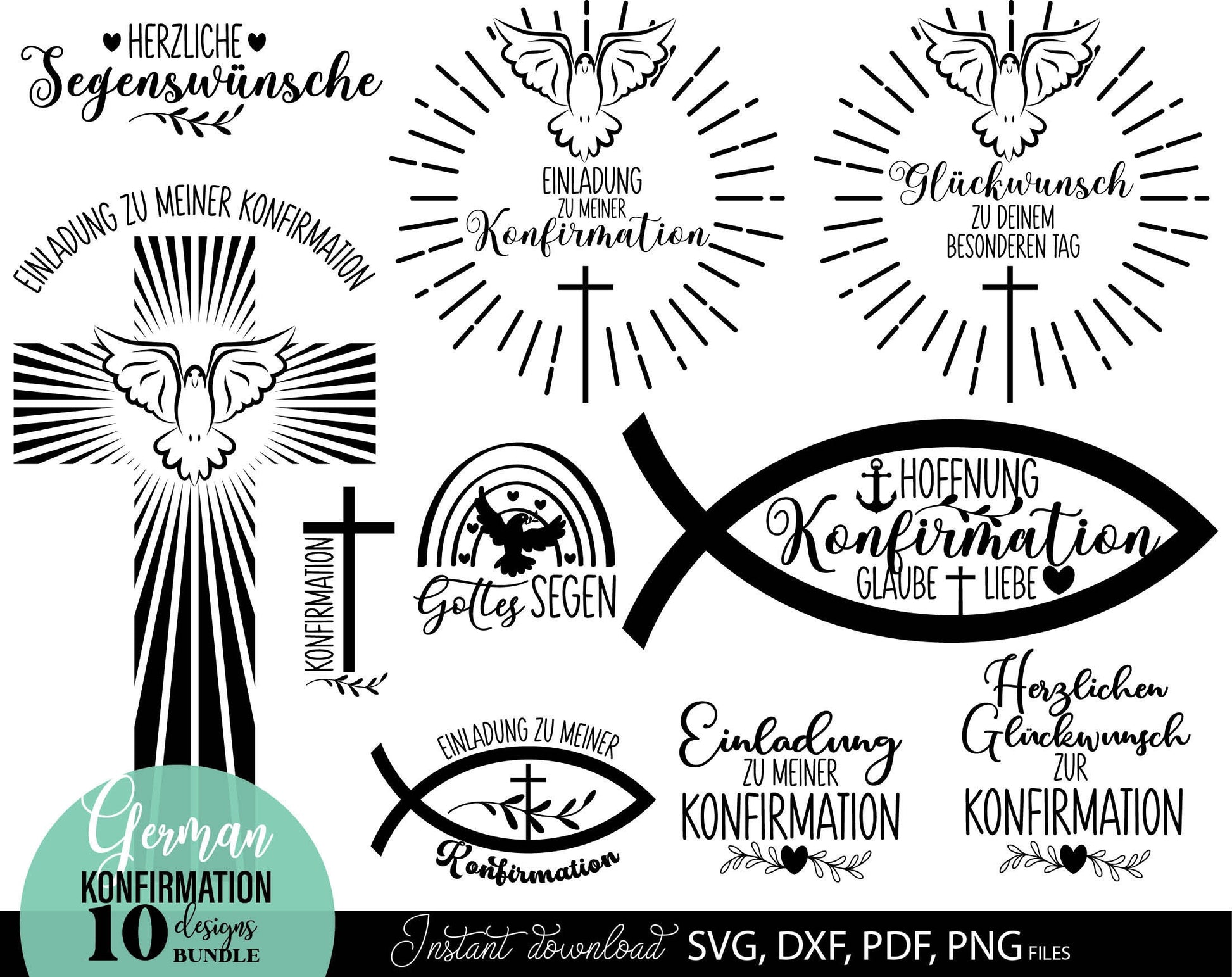 German Konfirmation Plotter File Bundle. SVG DXF PDF PNG files included. Compatible with Cricut, Silhouette, sublimation printers and other equipment. Cut from vinyl, use for sublimation or laser cut or grave projects. Buy now for a good price!