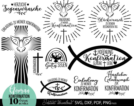 German Konfirmation Plotter File Bundle. SVG DXF PDF PNG files included. Compatible with Cricut, Silhouette, sublimation printers and other equipment. Cut from vinyl, use for sublimation or laser cut or grave projects. Buy now for a good price!