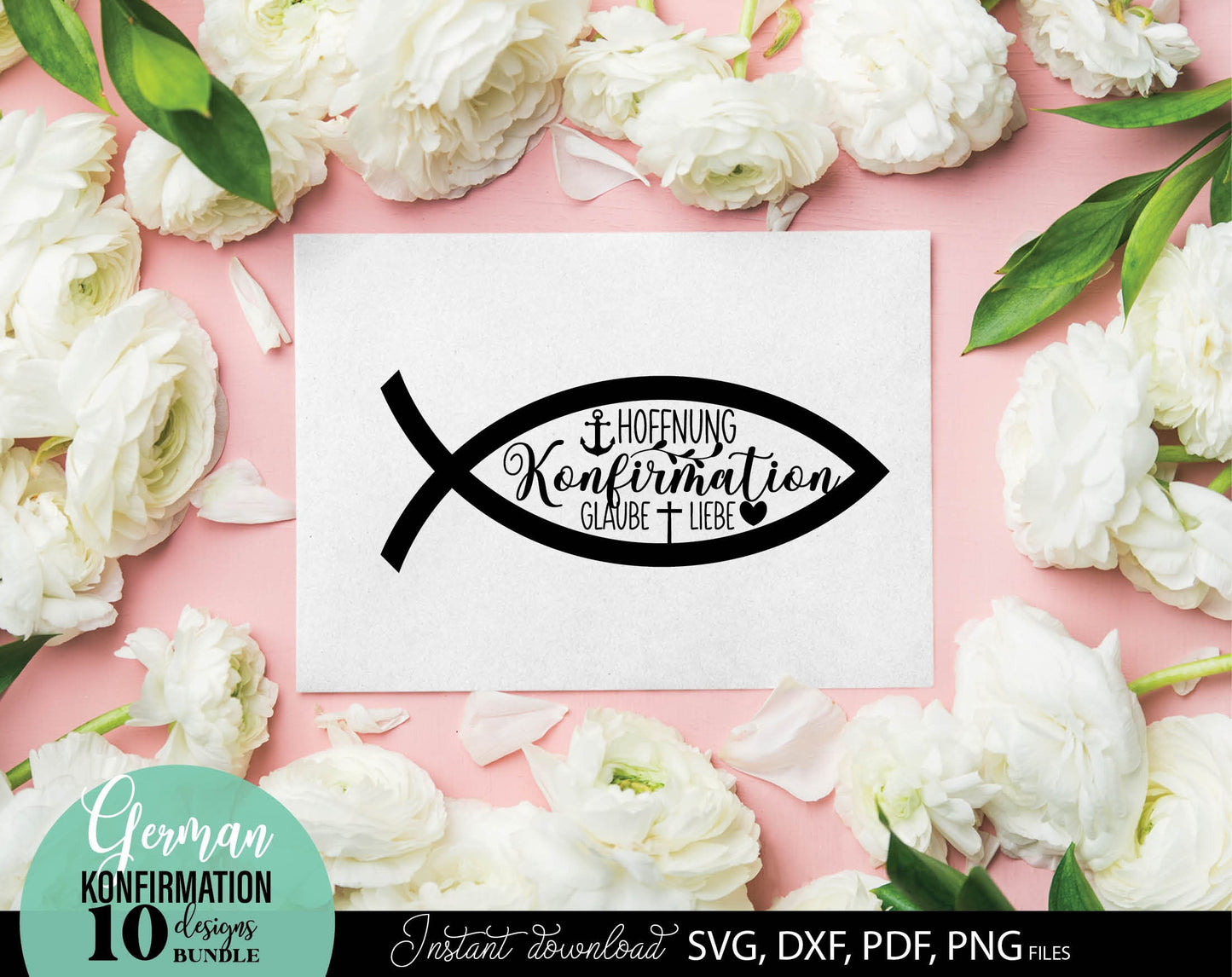 German Konfirmation Plotter File Bundle. SVG DXF PDF PNG files included. Compatible with Cricut, Silhouette, sublimation printers and other equipment. Cut from vinyl, use for sublimation or laser cut or grave projects. Buy now for a good price!