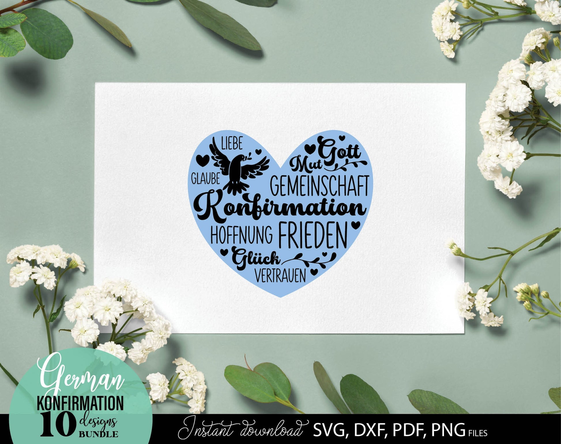 German Konfirmation Plotter File Bundle. SVG DXF PDF PNG files included. Compatible with Cricut, Silhouette, sublimation printers and other equipment. Cut from vinyl, use for sublimation or laser cut or grave projects. Buy now for a good price!
