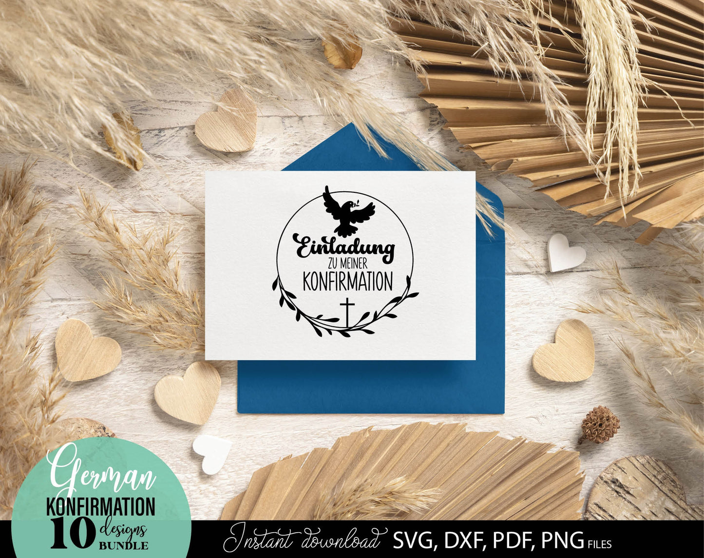 German Konfirmation Plotter File Bundle. SVG DXF PDF PNG files included. Compatible with Cricut, Silhouette, sublimation printers and other equipment. Cut from vinyl, use for sublimation or laser cut or grave projects. Buy now for a good price!