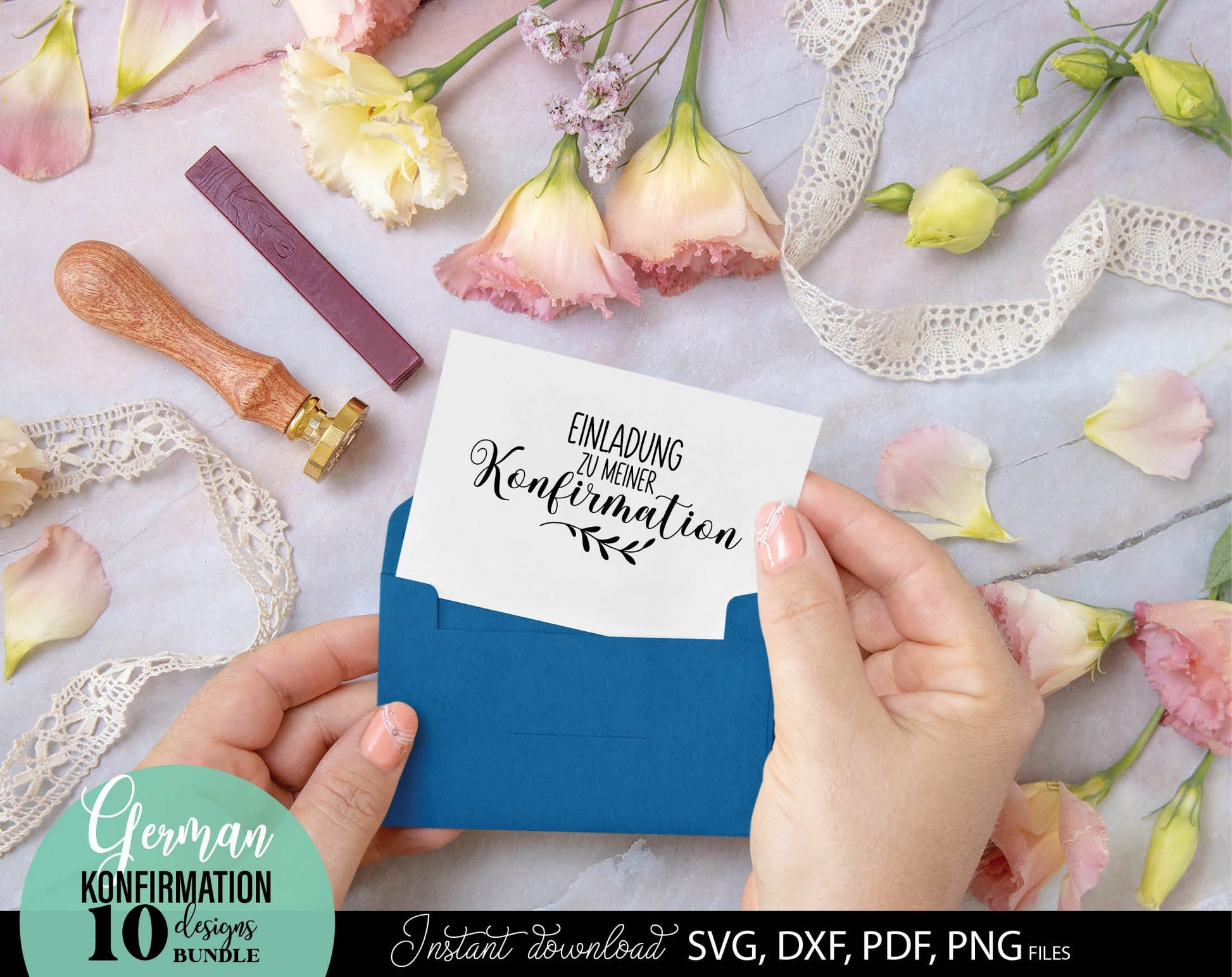 German Konfirmation Plotter File Bundle. SVG DXF PDF PNG files included. Compatible with Cricut, Silhouette, sublimation printers and other equipment. Cut from vinyl, use for sublimation or laser cut or grave projects. Buy now for a good price!