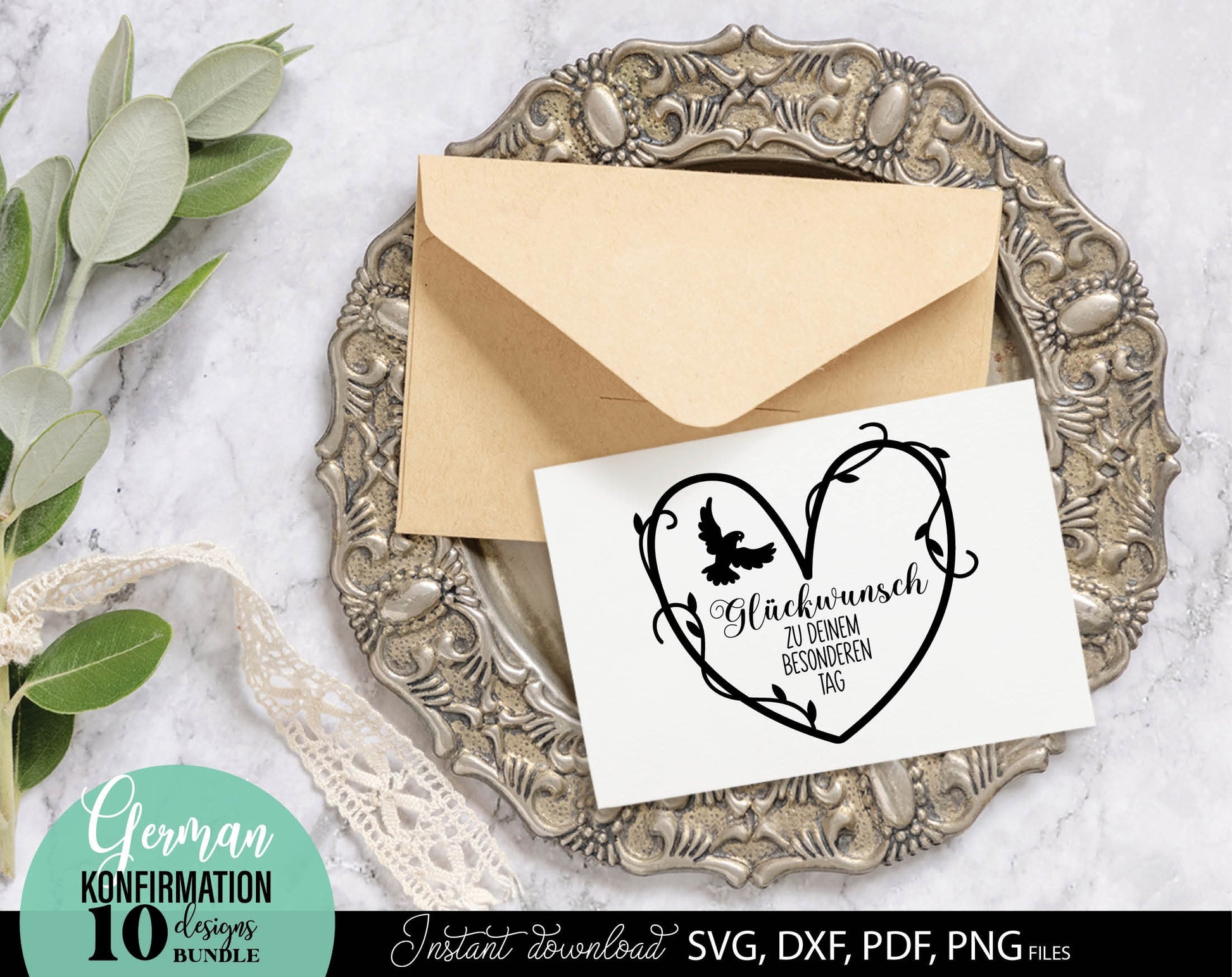 German Konfirmation Plotter File Bundle. SVG DXF PDF PNG files included. Compatible with Cricut, Silhouette, sublimation printers and other equipment. Cut from vinyl, use for sublimation or laser cut or grave projects. Buy now for a good price!