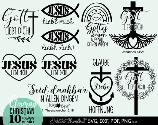German Christian Designs Plotter File Bundle. SVG DXF PDF PNG files included. Compatible with Cricut, Silhouette, sublimation printers and other equipment. Cut from vinyl, use for sublimation or laser cut or grave projects. Buy now for a good price!