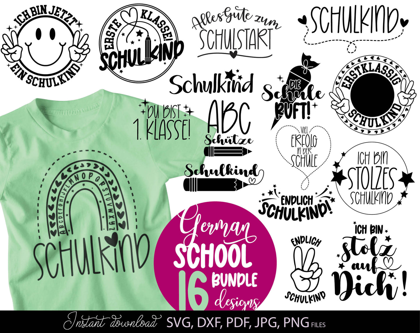 German Schulkind Plotterdatei bundle. SVG DXF PDF JPG PNG files included. Compatible With Cricut, Silhouette Studio, sublimation printers or other equipment. Cut from vinyl, use for sublimation or laser cut or grave projects. Buy now and enjoy!