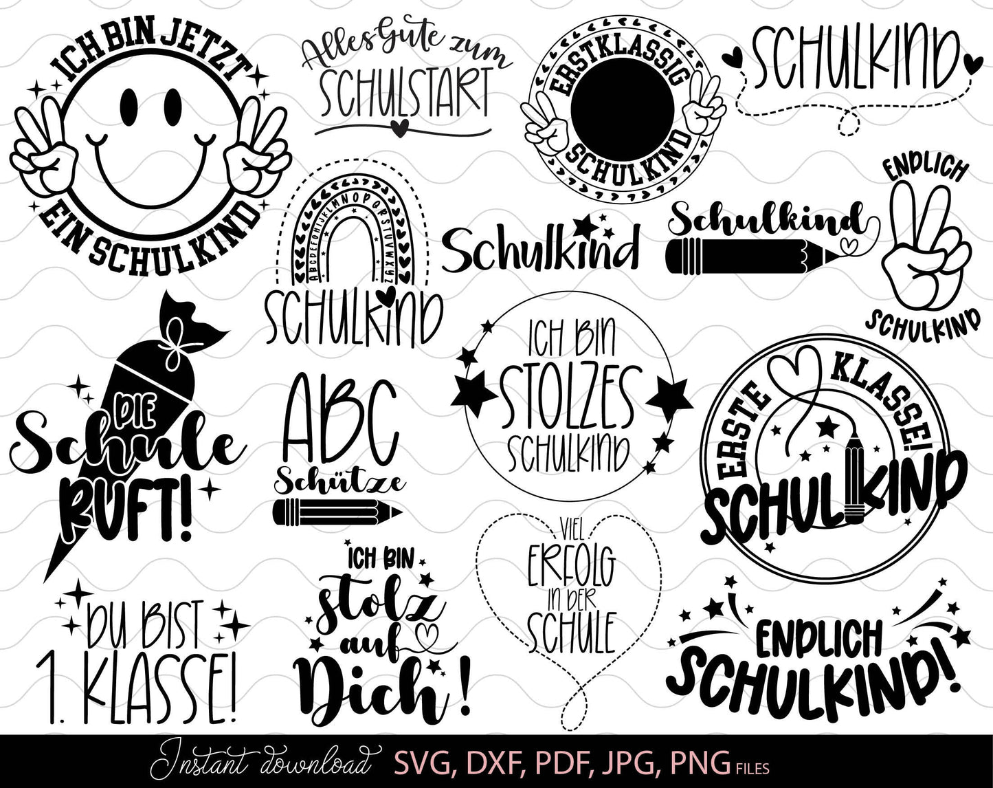 German Schulkind Plotterdatei bundle. SVG DXF PDF JPG PNG files included. Compatible With Cricut, Silhouette Studio, sublimation printers or other equipment. Cut from vinyl, use for sublimation or laser cut or grave projects. Buy now and enjoy!