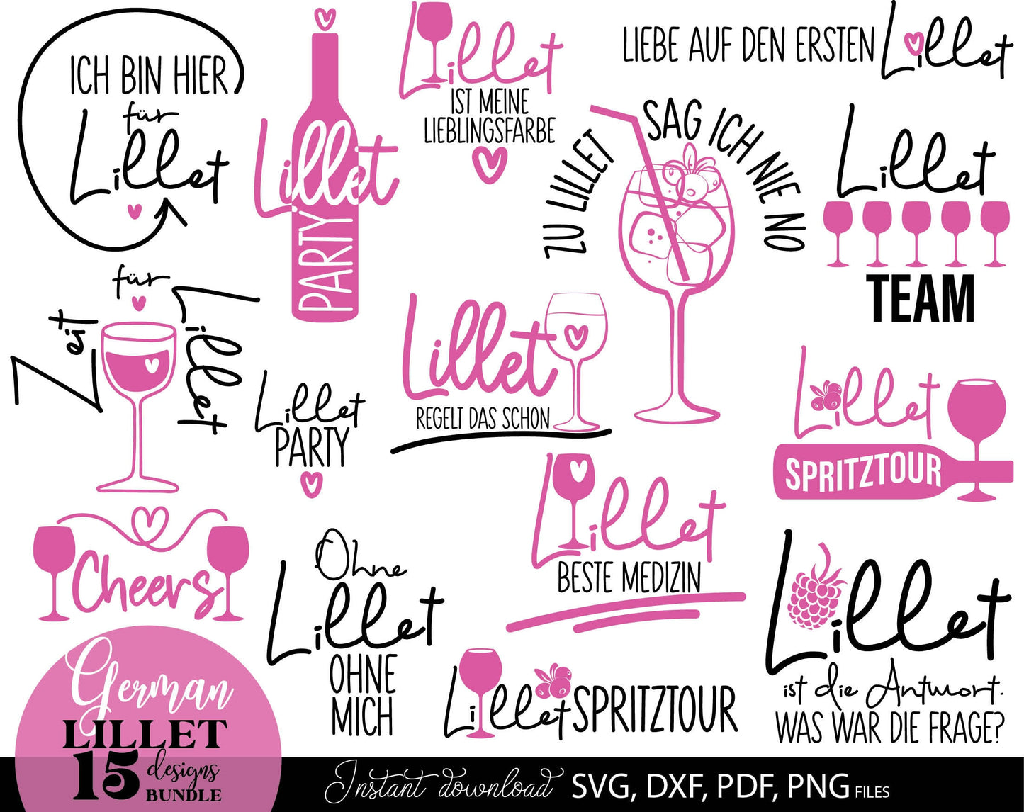 German Lillet bundle Wildberry Lillet Alcohol. SVG DXF PDF PNG files included. Compatible with Cricut, Silhouette, sublimation printers and other equipment. Cut from vinyl, use for sublimation, laser cut or grave projects. Buy now for a good price!