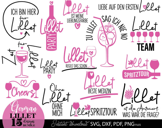 German Lillet bundle Wildberry Lillet Alcohol. SVG DXF PDF PNG files included. Compatible with Cricut, Silhouette, sublimation printers and other equipment. Cut from vinyl, use for sublimation, laser cut or grave projects. Buy now for a good price!